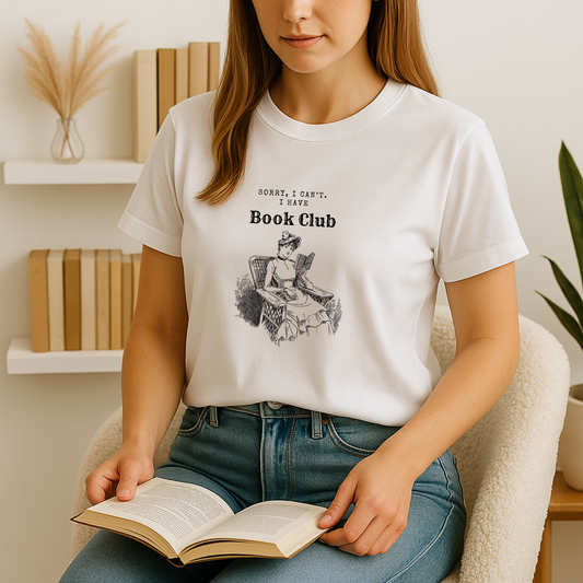 A young woman sits in a cozy reading nook wearing a white book lover t shirt printed with the text “Sorry, I can’t. I have Book Club” above a vintage-style illustration of a lady reclining in a wicker chair with a book in hand; she holds an open novel on her lap against a backdrop of neutral-toned shelves and pampas grass.