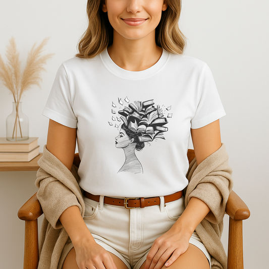 A young woman sits in a chair wearing a white book lover t shirt printed with a black line-art profile of a woman whose hair transforms into open books and drifting pages, a beige cardigan draped over her arms and a stack of books and pampas grass styling the soft, neutral background.